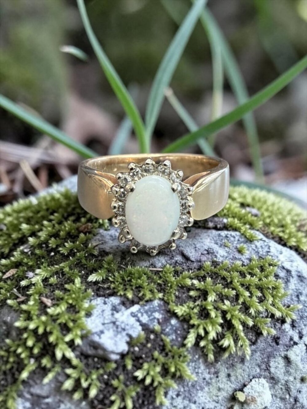 14K Yellow Gold Natural Opal & Diamond Halo Statement‎ Ring